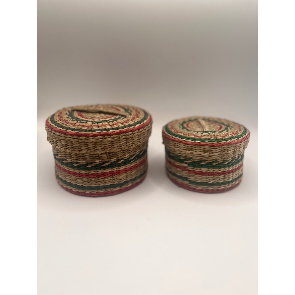 Vintage Woven Nesting Baskets with Lids Red Green Natural Straw Set of 2 Boho